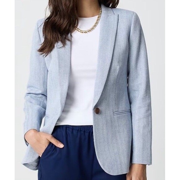 J Crew Light Blue Herringbone One Button Blazer Size 14 - Picture 1 of 11